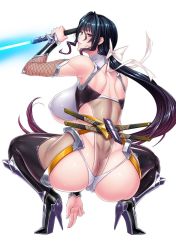 Rule 34 | 1girl, armor, armored boots, armpits, ass, back, bare shoulders, black footwear, black hair, black thighhighs, blush, boots, bow, bowtie, breasts, butt crack, cameltoe, closed mouth, covered erect nipples, detached sleeves, dimples of venus, elbow gloves, fei (maidoll), fishnets, from behind, full body, gloves, glowing, glowing sword, glowing weapon, gradient hair, hair between eyes, hair bow, halterneck, hand up, high heels, highres, hip focus, holding, holding sword, holding weapon, huge ass, kneeling, kuji-in, large breasts, leotard, lipstick, long hair, looking at viewer, looking back, low ponytail, makeup, multicolored hair, multiple swords, ninja, ninjatou, official art, partially visible vulva, pink eyes, pink lips, ponytail, purple hair, pussy, red eyes, revealing clothes, reverse grip, sheath, sheathed, shiny clothes, shiny skin, short sword, sideboob, sidelocks, simple background, skin tight, solo, spikes, spread legs, squatting, stiletto heels, sword, taimanin (series), taimanin asagi kessen arena, thigh boots, thighhighs, thighs, tiptoes, turtleneck, uehara rin, underboob, vambraces, very long hair, wavy hair, weapon, white bow, wide hips