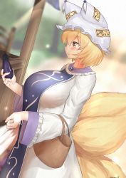 Rule 34 | 1girl, absurdres, animal ears, animal hat, artist name, bad id, bad pixiv id, basket, blonde hair, blurry, blurry background, blush, breasts, commentary request, depth of field, dress, dutch angle, eggplant, food, fox ears, fox tail, frills, from side, hand up, hat, highres, holding, holding food, huge breasts, huge filesize, mob cap, multiple tails, outdoors, parted lips, profile, short hair, solo, sweat, tabard, tail, take (take143000), tassel, touhou, upper body, white dress, white hat, yakumo ran
