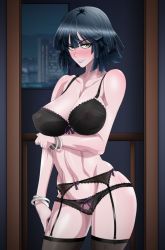 Rule 34 | 1girl, blush, bra, fubuki (one-punch man), lingerie, looking at viewer, one-punch man, panties, smile, solo, thighhighs, underwear