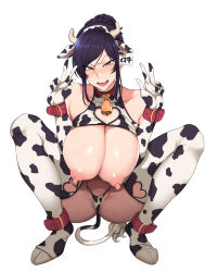 Rule 34 | 1girl, aiue oka, animal ears, animal print, ass, bell, bikini, breasts, clothing cutout, cow ears, cow horns, cow print, cow print bikini, cow print gloves, cow print thighhighs, cow tail, cowbell, double v, ear tag, elbow gloves, gloves, heart cutout, highres, horns, huge breasts, neck bell, nipples, panties, print bikini, print gloves, print thighhighs, solo, squatting, sweat, swimsuit, tail, thighhighs, underwear, v