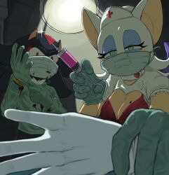 Rule 34 | 1boy, 1girl, alternate costume, arm grab, blood, blood on clothes, bra, breasts, cadieeex3, commentary, english commentary, furry, furry female, furry male, gloves, green eyes, highres, holding, holding syringe, indoors, large breasts, mask, mouth mask, pov, red eyes, rouge the bat, shadow the hedgehog, sonic (series), syringe, underwear, white gloves