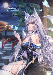 Rule 34 | 1girl, animal ear fluff, animal ears, azur lane, bare shoulders, blue butterfly, breasts, bug, butterfly, choker, coyucom, floral print, fox ears, hair between eyes, hair ornament, hand up, insect, japanese clothes, kimono, kitsune, large breasts, looking at viewer, moon, multiple tails, night, obi, off shoulder, parted lips, purple eyes, purple hair, sash, shinano (azur lane), sitting, solo, tail, thighhighs, white thighhighs