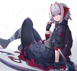 Rule 34 | 1girl, arknights, arm support, black footwear, black gloves, black jacket, black pantyhose, black skirt, blurry, blurry foreground, breasts, depth of field, eyebrows hidden by hair, fingerless gloves, fujimaki nora, gloves, grey hair, grey shirt, hair between eyes, headgear, highres, jacket, knees up, long hair, looking at viewer, looking to the side, medium breasts, multicolored hair, nail polish, open clothes, open jacket, pantyhose, pleated skirt, red eyes, red hair, red nails, resolution mismatch, shirt, shoes, sitting, skirt, solo, source larger, streaked hair, very long hair, w (arknights)