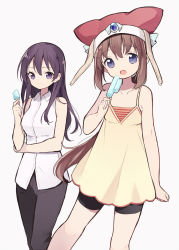 Rule 34 | :d, bare arms, bare shoulders, bike shorts, black pants, black shorts, blue eyes, breasts, brown dress, brown hair, closed mouth, collarbone, collared shirt, double popsicle, dress, dress shirt, food, grey background, hair between eyes, hat, highres, holding, holding food, itsumi (itumiyuo), low ponytail, medium breasts, nelly virsaladze, open mouth, pants, ponytail, popsicle, purple eyes, purple hair, red headwear, saki (manga), shirt, short shorts, shorts, shorts under dress, sidelocks, simple background, sleeveless, sleeveless dress, sleeveless shirt, smile, striped, tsujigaito satoha, white shirt