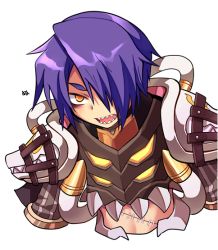 Rule 34 | 1boy, armor, commentary request, cropped torso, emon-yu, genetic (ragnarok online), hair between eyes, hair over one eye, living clothes, looking at viewer, male focus, open mouth, pauldrons, purple hair, ragnarok online, sharp teeth, short hair, shoulder armor, simple background, solo, stitches, teeth, upper body, white background, yellow eyes