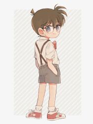 Rule 34 | 1boy, blue eyes, bow, bowtie, brown hair, child, converse, edogawa conan, grey shorts, hands in pockets, highres, looking back, male focus, meitantei conan, red bow, red footwear, shirt, shoes, short hair, short sleeves, shorts, side127, sneakers, socks, solo, suspenders, white shirt, white socks