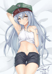 Rule 34 | 1girl, arm up, armpits, artist name, bad id, bad pixiv id, blush, breasts, collarbone, dated, g11 (girls&#039; frontline), girls&#039; frontline, grey hair, long hair, looking at viewer, lying, medium breasts, navel, on back, parted lips, signature, solo, twitter username, unel1211, unzipped