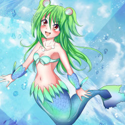 Rule 34 | 1girl, done (abc1234567), fins, fish tail, green hair, jewelry, long hair, mermaid, monster girl, muromi-san, namiuchigiwa no muromi-san, necklace, red eyes, scales, seashell, shell, smile, solo, tail, twintails