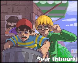 Rule 34 | 2boys, blonde hair, burger, child, food, green eyes, happy, hat, jeff andonuts, male focus, mother (game), mother 2, multiple boys, nature, ness (mother 2), nintendo, outdoors, plant, purple eyes, shirt, sky, striped clothes, striped shirt, trash can