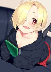Rule 34 | 1girl, black hoodie, black pantyhose, blonde hair, blush, breasts, cleavage, collarbone, couch, downblouse, ear piercing, eyelashes, feet out of frame, feet up, forehead, hair over one eye, highres, hood, hoodie, idolmaster, idolmaster cinderella girls, looking at viewer, lying, miniskirt, naked hoodie, nebusoku, no bra, no shoes, on couch, on stomach, open mouth, pantyhose, piercing, pleated skirt, red eyes, red skirt, shirasaka koume, short hair, simple background, skirt, smile, solo