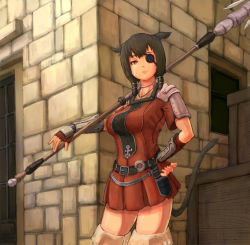 Rule 34 | 10s, 1girl, animal ears, bad id, bad pixiv id, brown hair, cat ears, cat girl, cat tail, eyepatch, facial mark, final fantasy, final fantasy xiv, lionel nakamura, miqo&#039;te, polearm, solo, tail, warrior of light (ff14), weapon