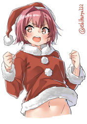 Rule 34 | 1girl, blush, brown eyes, clenched hands, ebifurya, hair between eyes, hair intakes, hat, highres, kantai collection, kinu (kancolle), long sleeves, looking at viewer, navel, open mouth, pink hair, pom pom (clothes), round teeth, santa costume, short hair, simple background, solo, teeth, twitter username, upper body, upper teeth only, white background