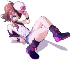 Rule 34 | ankea (a-ramo-do), armpits, black vest, blouse, blue eyes, boots, brown hair, creatures (company), cross-laced footwear, crossed legs, cutoffs, game freak, hair between eyes, hat, hat tip, hilda (pokemon), holding, holding clothes, holding hat, lace-up boots, long hair, looking at viewer, midriff peek, nintendo, open mouth, pink footwear, pokemon, pokemon bw, shirt, shorts, simple background, smile, solo, vest, white background, white shirt, wristband
