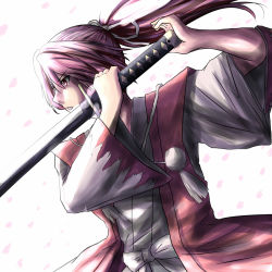 Rule 34 | 1girl, ao-shiba, japanese clothes, katana, meira (touhou), petals, purple hair, red eyes, solo, sword, touhou, touhou (pc-98), weapon, wide sleeves