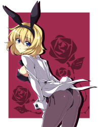 Rule 34 | 1girl, alice margatroid, animal ears, ass, back-seamed legwear, bent over, blonde hair, blue eyes, blush, bow, bowtie, breasts, rabbit ears, rabbit tail, playboy bunny, coat, fake animal ears, female focus, flower, jacket, leaning, leaning forward, looking at viewer, looking back, pantyhose, pink background, rose, seamed legwear, short hair, sideboob, solo, tail, tailcoat, touhou, touya (the-moon)