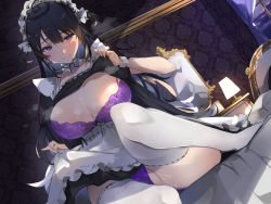 Rule 34 | 1girl, apron, black hair, blue eyes, blush, bra, breasts, cleavage, closed mouth, clothes lift, dutch angle, highres, indoors, large breasts, long hair, maid, maid headdress, night, non-web source, original, panties, purple bra, purple panties, pussy juice, ribbon-trimmed legwear, ribbon trim, shirt lift, sitting, smile, solo, steaming body, sweat, thighhighs, tomochi (tmc tmc8), two side up, underwear, waist apron, white thighhighs