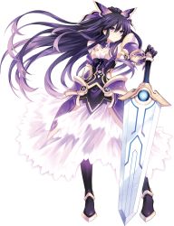 Rule 34 | 10s, 1girl, armor, armored dress, bow, choker, date a live, dress, full body, gloves, hair between eyes, hair bow, highres, long hair, looking at viewer, pauldrons, ponytail, purple eyes, purple hair, serious, shoulder armor, solo, standing, sword, transparent background, tsunako, very long hair, weapon, yatogami tooka