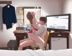 Rule 34 | 1boy, 1girl, arms around waist, backlighting, bare legs, black hair, blush, bottomless, breast sucking, breasts, brown hair, chair, computer, erosheee, closed eyes, from side, full-face blush, girl on top, hetero, highres, laptop, medium breasts, motion lines, original, profile, refrigerator, sex, sitting, straddling, sweat, television, upright straddle