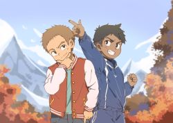 Rule 34 | 2boys, autumn, autumn leaves, black hair, brown hair, child, commentary, dark skin, jacket, male focus, mountain, multiple boys, negishiokun, original, outdoors, outstretched arm, pointing, short hair, teeth, thinking