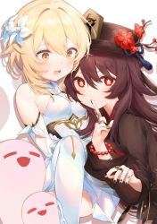 Rule 34 | 2girls, bare shoulders, bead bracelet, beads, blonde hair, blush, bracelet, breasts, brown hair, dress, closed eyes, flower, genshin impact, hair flower, hair ornament, hat, hat flower, highres, hu tao (genshin impact), index finger raised, jewelry, long sleeves, looking at viewer, lumine (genshin impact), multiple girls, nail polish, open mouth, red eyes, ring, simple background, small breasts, smile, star-shaped pupils, star (symbol), sweatdrop, symbol-shaped pupils, thighhighs, top hat, usanta, white background, white dress, yellow eyes