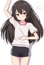 Rule 34 | 1girl, anger vein, arm up, black hair, black shorts, blush, closed mouth, collarbone, commentary, cowboy shot, gym shorts, gym uniform, hair between eyes, hand on own stomach, highres, long hair, looking at viewer, original, puffy short sleeves, puffy sleeves, red eyes, shirt, short shorts, short sleeves, shorts, simple background, solo, spoken anger vein, symbol-only commentary, takasuma hiro, white background, white shirt