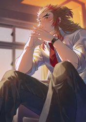 Rule 34 | 1boy, black pants, blonde hair, blurry, blurry background, blush, collared shirt, embarrassed, forked eyebrows, from below, highres, indoors, kimetsu no yaiba, long hair, male focus, multicolored hair, necktie, pants, red hair, red necktie, remsor076, rengoku kyoujurou, shirt, sitting, sleeves rolled up, solo, twitter username, two-tone hair, watch, white shirt, wing collar, wristwatch, yellow eyes