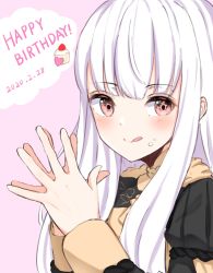 Rule 34 | 1girl, closed mouth, dated, fire emblem, fire emblem: three houses, food, food on face, hako momiji, happy birthday, highres, licking lips, long hair, long sleeves, lysithea von ordelia, nintendo, own hands together, pink eyes, simple background, solo, tongue, tongue out, upper body, white hair
