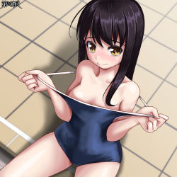 Rule 34 | 1girl, :&gt;, black hair, blue one-piece swimsuit, breasts, brown eyes, character request, cleavage, clothes pull, collarbone, commentary request, competition school swimsuit, copyright name, cowboy shot, dairoku ryouhei, embarrassed, from above, logo, long hair, looking at viewer, medium breasts, one-piece swimsuit, one-piece swimsuit pull, poolside, pulled by self, rohitsuka, school swimsuit, sitting, solo, split mouth, spread legs, swimsuit, tile floor, tiles