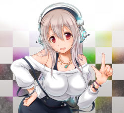 Rule 34 | 1girl, asahi yanagi, bare shoulders, breasts, checkered background, headphones, jewelry, necklace, nitroplus, pink hair, red eyes, short hair, solo, super sonico, suspenders