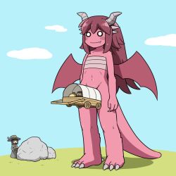 Rule 34 | behind cover, black hair, blush stickers, book, bottomless, carriage, claws, cloud, dragon, dragons fucking cars (meme), fang, hat, implied erection, meme, original, outdoors, pink fur, pink hair, pink wings, rock, sarashi, shadow, shirosato, standing, taking notes, western dragon, what, wings