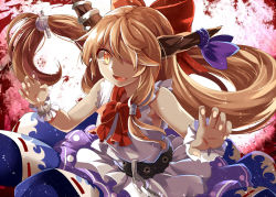 Rule 34 | 1girl, blonde hair, bow, chain, claw pose, e.o., fang, hair bow, hair over one eye, horn ornament, horn ribbon, horns, ibuki suika, long hair, looking at viewer, low-tied long hair, oni horns, open mouth, ribbon, shirt, skirt, sleeveless, sleeveless shirt, smile, solo, touhou, very long hair, wrist cuffs, yellow eyes