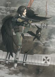 Rule 34 | 2girls, aircraft, airplane, asterisk kome, belt pouch, black footwear, black hair, black jacket, black wings, bomber jacket, brown gloves, cloud, cross, feathered wings, flying, full body, gloves, goggles, goggles on head, green pants, gun, highres, holding, holding weapon, iron cross, jacket, laura jumo, long hair, mp40, multiple girls, pants, pouch, submachine gun, weapon, winged fusiliers, wings