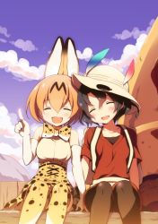 Rule 34 | 10s, 2girls, animal ears, backpack, bag, black legwear, blonde hair, blue sky, closed eyes, cloud, cloudy sky, commentary request, day, facing viewer, hat, hat feather, helmet, high-waist skirt, holding hands, kaban (kemono friends), kemono friends, multiple girls, odawara hakone, open mouth, outdoors, pantyhose, pantyhose under shorts, pith helmet, pointing, print legwear, print neckwear, print skirt, red shirt, serval (kemono friends), shirt, short hair, short sleeves, shorts, side-by-side, sitting, skirt, sky, sleeveless, sleeveless shirt, smile, thighhighs, white hat, white shirt, yellow legwear, yellow neckwear, yellow skirt