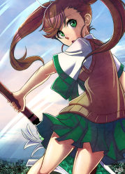 Rule 34 | 1girl, bad id, bad tumblr id, brown hair, fighting stance, green eyes, khaliqa bell, long hair, nanase (under night in-birth), school uniform, skirt, solo, sweater vest, sword, twintails, under night in-birth, weapon