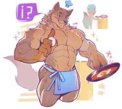 Rule 34 | !?, 2boys, animal ears, apron, bara, black hair, blush, chef hat, chibi, chibi inset, closed mouth, cowboy shot, egg, food, frying pan, furry, furry male, hat, highres, holo eden, looking at object, male focus, multiple boys, muscular, muscular male, original, sparkle, star (symbol), tail, waist apron, white background, wolf boy, wolf ears, wolf tail