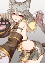 Rule 34 | 10s, 1girl, :d, animal ears, animal hands, armlet, bare shoulders, belt, blurry, blush, breasts, cat ears, claws, cleavage, collar, colored eyelashes, cowboy shot, depth of field, elbow gloves, erune, fang, foreshortening, gloves, granblue fantasy, grey background, grey hair, grey skirt, hair between eyes, hip vent, hood, hood down, looking at viewer, medium breasts, navel, open mouth, paw gloves, paw pose, red eyes, revealing clothes, sen (granblue fantasy), shiny skin, shishikai, sideboob, simple background, skirt, sleeveless, smile, solo, standing, stomach, tabard