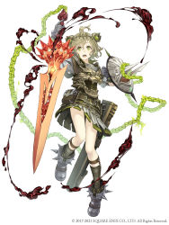 Rule 34 | 1boy, ahoge, armor, belt, belt pouch, chain, full body, gauntlets, green eyes, green hair, highres, ji no, looking at viewer, official art, pinocchio (sinoalice), pouch, scabbard, sheath, shield, sinoalice, smoke, solo, square enix, sword, teeth, upper teeth only, weapon, white background