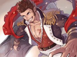 Rule 34 | 1boy, abs, beard, blue eyes, brown hair, epaulettes, facial hair, fate/grand order, fate (series), highres, jacket, long sideburns, long sleeves, pectoral cleavage, male focus, military, military uniform, muscular, napoleon bonaparte (fate), open clothes, open jacket, pants, pectorals, scar, sideburns, simple background, smile, solo, tan matsu, uniform, weapon