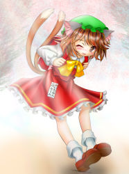 Rule 34 | 1girl, 774r, animal ears, backpack, bag, blush stickers, brown eyes, brown hair, cat ears, cat tail, character name, chen, earrings, frilled skirt, frills, gradient background, hat, jewelry, leaning back, leaning forward, long sleeves, looking at viewer, mob cap, multiple tails, one eye closed, open mouth, randoseru, ribbon, safety pin, short hair, sign, single earring, skirt, skirt set, solo, tail, touhou