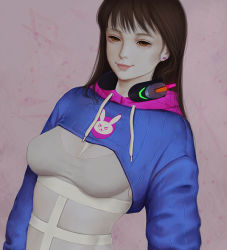 Rule 34 | 1girl, animal print, bodysuit, brown eyes, brown hair, casual, cleavage cutout, clothing cutout, commentary, d.va (overwatch), earrings, english commentary, headphones, headphones around neck, hood, hood down, hoodie, jewelry, light smile, lips, neozumi, nose, overwatch, overwatch 1, pale skin, rabbit print, ribbed sweater, shrug (clothing), solo, stud earrings, sweater