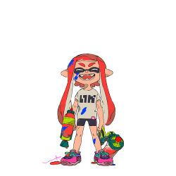 Rule 34 | 1girl, :d, ^ ^, arms at sides, bike shorts, black shorts, blunt bangs, closed eyes, cross-laced footwear, facing viewer, fangs, full body, happy, holding, holding weapon, ink tank (splatoon), inkling, inkling girl, inkling player character, lip (lih8), long hair, nintendo, open mouth, paint splatter, paint splatter on face, pink footwear, pointy ears, print shirt, red hair, shirt, shoes, short sleeves, shorts, signature, smile, sneakers, solo, splatoon (series), splatoon 1, splattershot (splatoon), tentacle hair, twintails, weapon, white background, white shirt