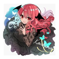 Rule 34 | 1girl, :d, alternate costume, artist name, black dress, blush, border, bug, butterfly, character name, commentary request, demon wings, dress, grey background, hair between eyes, hand up, head wings, highres, insect, koakuma, long hair, long sleeves, looking at viewer, natsuki (ukiwakudasai), open mouth, red eyes, red hair, simple background, smile, solo, touhou, unfinished, upper body, white border, wings