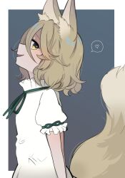 Rule 34 | 1girl, animal ears, arms behind back, blue background, border, breasts, brown eyes, brown tail, commentary, fox ears, fox girl, fox shadow puppet, fox tail, from side, green ribbon, hair strand, heart, highres, kudamaki tsukasa, light brown hair, necono (nyu6poko), open mouth, parted lips, ribbon, romper, short hair, small breasts, solo, spoken heart, tail, touhou, white border, white romper