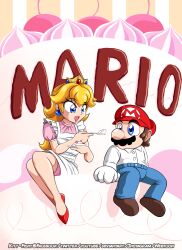 Rule 34 | 1boy, 1girl, absurdres, apron, blonde hair, blue eyes, brown hair, cake, character name, crown, earrings, eating, facial hair, food, gloves, grin, hat, high heels, highres, jewelry, legs, long hair, looking at another, mario, mario (series), mustache, nintendo, open mouth, overalls, princess peach, shiny skin, sitting, skirt, smile, super mario bros. 1