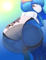 Rule 34 | 1boy, 1girl, absurdres, alternate color, animal print, ashraely, ass, bear panties, bear print, black thighhighs, blue background, blue hair, blue skin, blush, breasts, chair, colored skin, commission, creatures (company), day, fishnet thighhighs, fishnets, from behind, from below, game freak, gen 2 pokemon, gen 3 pokemon, gradient background, highres, huge ass, kirlia, large breasts, leaning forward, long hair, looking back, looking down, mini person, miniboy, multicolored skin, nintendo, outdoors, panties, pokemon, pokemon (creature), print panties, red eyes, shiny pokemon, shiny skin, simple background, solo focus, sun, sunlight, teddiursa, thighhighs, two-tone skin, underwear, white panties, white skin, x-ray