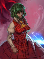 Rule 34 | 1girl, adapted costume, ascot, breasts, dress, glowing, glowing weapon, green hair, inishie kumo, juliet sleeves, kazami yuuka, large breasts, long sleeves, looking at viewer, parasol, puffy sleeves, red dress, red eyes, red lips, solo, touhou, umbrella, weapon