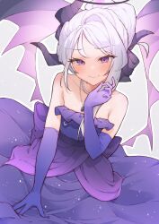 Rule 34 | 1girl, absurdres, airenif, asymmetrical hair, bead necklace, beads, black horns, blue archive, blush, closed mouth, commentary, demon girl, demon horns, demon wings, dress, elbow gloves, english commentary, flat chest, gloves, halo, highres, hina (blue archive), hina (dress) (blue archive), horns, jewelry, looking at viewer, multiple horns, necklace, official alternate costume, official alternate hairstyle, pendant, purple dress, purple eyes, purple gloves, purple wings, smile, solo, strapless, strapless dress, updo, white hair, wings