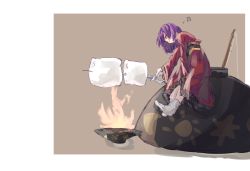 Rule 34 | 1girl, beamed sixteenth notes, bowl, closed eyes, closed mouth, fire, food, highres, holding, holding food, japanese clothes, kimono, long sleeves, mini person, minigirl, musical note, obi, obsarviah, purple hair, red kimono, sash, short hair, sitting, smile, socks, solo, sukuna shinmyoumaru, touhou, white socks, wide sleeves