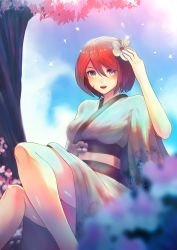 Rule 34 | 1girl, :d, boiling bolt, cherry blossoms, commentary, ctiahao, english commentary, flower, green eyes, hair between eyes, hair flower, hair ornament, highres, japanese clothes, june (boiling bolt), kimono, obi, open mouth, red hair, sash, short hair, sitting, smile, solo, spring (season), thighs
