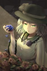 Rule 34 | 1girl, absurdres, black hat, blouse, blue flower, blue rose, bright pupils, buttons, commentary, diamond button, flower, frilled shirt collar, frilled sleeves, frills, green hair, hair between eyes, hand up, hat, hat ribbon, heart, heart of string, highres, holding, holding flower, komeiji koishi, lerk puzz, light rays, long sleeves, looking down, medium hair, parted lips, petals, pink eyes, red flower, red rose, ribbon, rose, rose petals, shirt, sidelighting, solo, third eye, touhou, upper body, white pupils, wide sleeves, yellow ribbon, yellow shirt